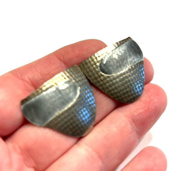 Artisan made pierced earrings silver & blue enamel abstract textured unique - Picture 2 of 6